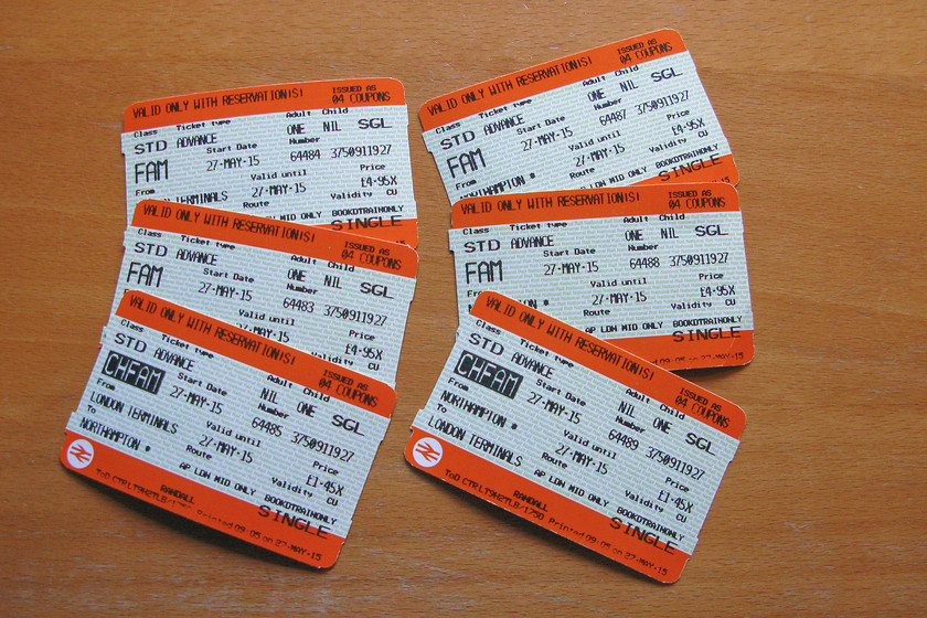 Tickets, Northampton-London Euston-Northampton 
 Our tickets from Northampton to Euston and back. With our family and friends discount loaded they are pretty good value at juts about 22 for all three of us. 
 Keywords: Tickets Northampton-London Euston-Northampton