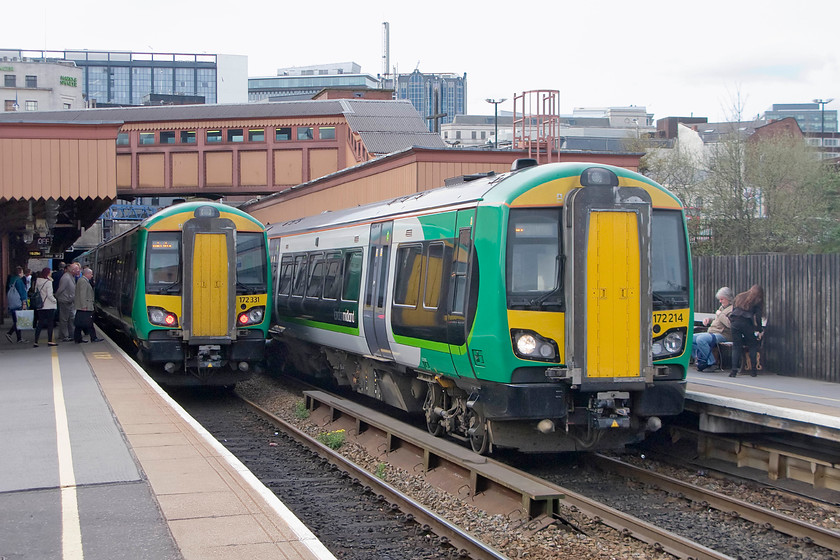 172331, LM 16.09 Dorridge-Kidderminster (2K51) & 172214, LM 15.57 Stourbridge Junction-Stratford-on-Avon (2S60), Birmingham Moor Street station 
 A meeting of class 172s at Birmingham Moor Street station. To the left, high capacity unit 172331 pauses with the 2K51 16.09 Dorridge to Kidderminster. Whilst, to the right 172214 leaves the station with the 15.57 Stourbridge Junction to Stratford-on-Avon service. 
 Keywords: 172331 16.09 Dorridge-Kidderminster 2K51 172214, LM 15.57 Stourbridge Junction-Stratford-on-Avon 2S60 Birmingham Moor Street station London Midland railway