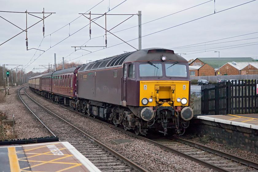 57313, outward leg of The Canterbury Christmas Special, 05.28 Leeds-Canterbury (1Z66), Potters Bar station 
 57313 leads the outward leg of The Canterbury Christmas Special that left Leeds at the unhealthy hour of 05.28! The excursion was organised and promoted by the Spirit of the Lakes with the stock and locomotives provided by West Coast Railways. I am not sure as to what route this special took crossing London, if anybody can advise I would be grateful. 
 Keywords: 57313 The Canterbury Christmas Special 05.28 Leeds-Canterbury 1Z66 Potters Bar station