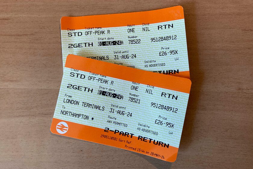 Tickets, London Euston-Northampton 
 Our return tickets from Euston to Northampton. As usual for London Northwestern, there was no ticket inspection despite with the gaurd spending the entire journey (from London to Northampton that is) sitting in the unused driver's cab in the middle of the train. 
 Keywords: Tickets London Euston-Northampton