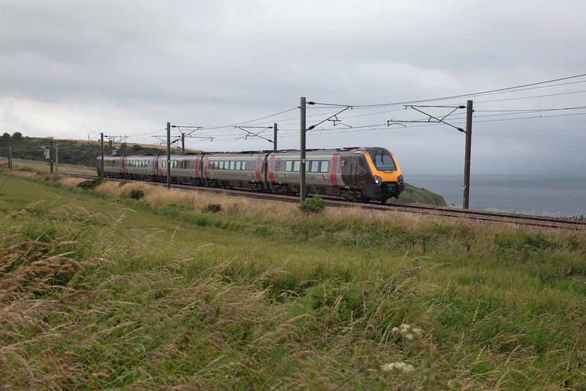 221128, XC 13.09 Edinburgh Waverley-Plymouth (1V64, 1E), Burnmouth NT957605 
 With the grey North Sea in the background, 221128 skirts the coast near Burnmouth with the 13.09 Edinburgh Waverley to Plymouth CrossCountry service. This photograph is taken on a small track that leads to a particularly isolated farm below the level of the A1 road. 
 Keywords: 221128 13.09 Edinburgh Waverley-Plymouth 1V64 Burnmouth NT957605