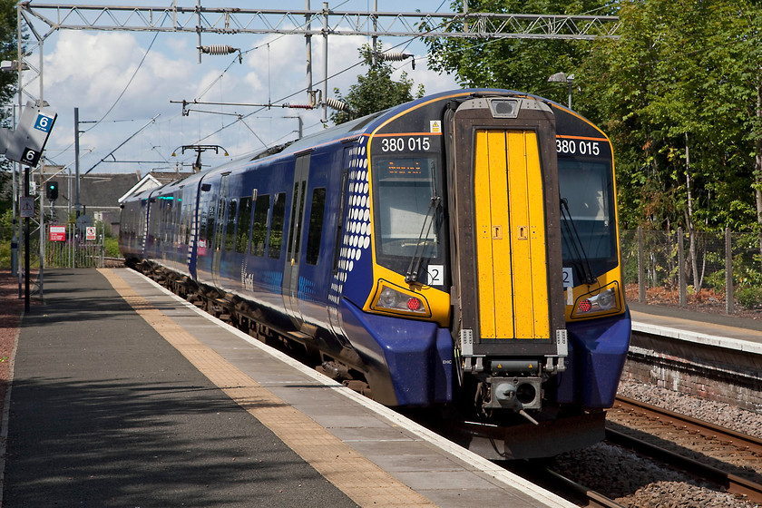 380015, SR 12.36 Glasgow Central-Gourock (2G59, RT), Port Glasgow station 
 380015 leaves Port Glasgow forming the 12.36 Glasgow Central to Gourock. Andy and I were not sure whether Port Glasgow had a particular crime problem but, whilst waiting for this train we became aware of the huge number of CCTV cameras on the station. In a quick check, we counted over twenty from where we standing here at this point on the platform......Big Brother gone mad? 
 Keywords: 380015 2G59 Port Glasgow station