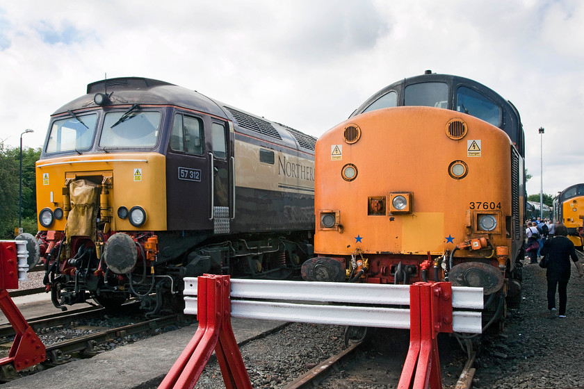 57312, 37604 & 37716, on-display, DRS Gresty Bridge 
 Outside on-display at Crewe Gresty Bridge are 57312 'Solway Princess', 37604 and just putting in an appearance over on the right is 37716. 57312, formally named 'The Hood', was one of Virgin's Thunderbirds evidenced by that it still retains it Dellner retractable couplings covered by a protective tarpaulin. 
 Keywords: 57312 37604 37716 DRS Gresty Bridge