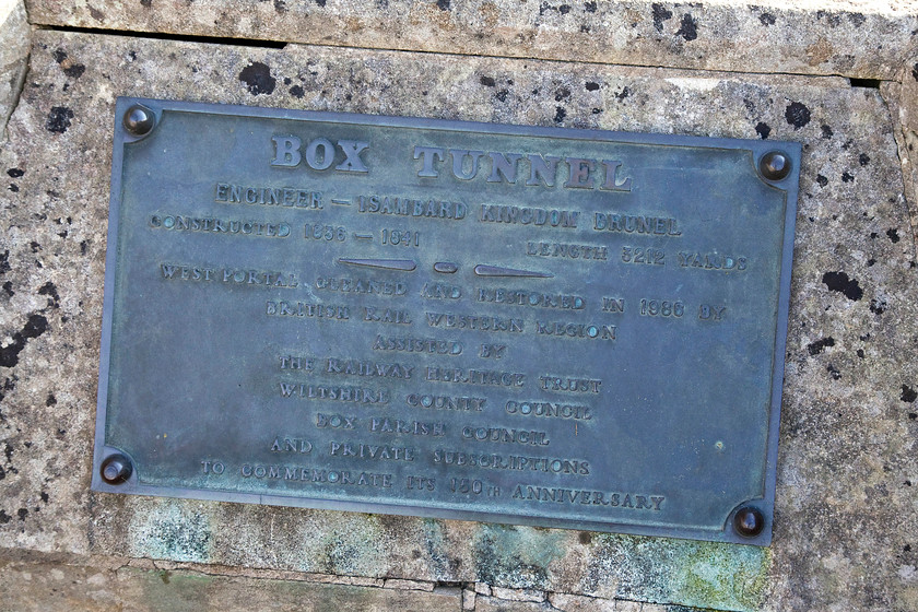 Commemorative plaque, A4 road bridge, Box 
 The commemorative plaque that sits on a stone plinth next to the A4 road bridge in the village of Box needs a little TLC. It was placed here in 1986 by BR to mark the 150th anniversary of the tunnel when the western portal was also restored. It's just such a shame that the tunnel and its surroundings (along with the historic section of the GWML) through Bath will be blighted by the forthcoming electrification. 
 Keywords: Commemorative plaque, A4 road bridge, Box