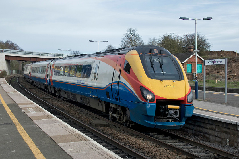 222010, EM 08.31 Derby-London St. Pancras (1C22, RT), Wellingborough station 
 222010 passes through Wellingborough station with the 08.31 Derby to St. Pancras working. These Meridians have become synonymous with the Midland Main Line but are soon (?) to be joined by new bi-mode units that will run under electric power as far as Kettering and Corby. It has also been announced, at the time of writing, that East Midlands Trains are going to do a considerable amount of work to their HST fleet to meet new legislation from January 2020 in order to alleviate further shortages of stock. 
 Keywords: 222010 08.31 Derby-London St. Pancras 1C22 Wellingborough station