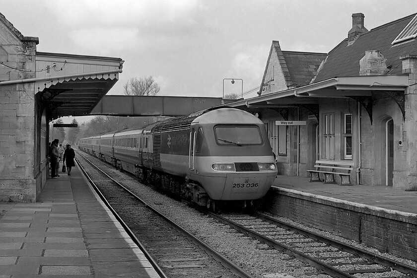 253036, unidentified up diverted working, Bradford-on-Avon station 
 With some sort of diversion in place, there were far more trains on this particular day traversing the Avon Valley with all GWML services being diverted. I am not sure as to the reason for the diversions or whether they would fork east at Bradford Junction taking the south chord to Thingley Junction via Melksham or if they were continuing through to Hawkeridge Junction at Westbury to then take the Berks. and Hants. line. Either way, it did mean that there was an interesting diversity of trains passing through the lovely Avon Valley that were worth a trip out to photograph. HST set 253036 passes through Bradford-on-Avon with an unidentified service for Paddington. This leading power car would have been one of W43140 or W43141 either one would have been exactly a year old when this photograph was taken. 
 Keywords: 253036 unidentified up diverted working Bradford-on-Avon station HST