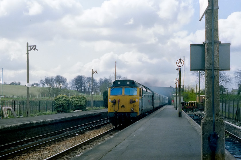 50026, unidentified up working, Bedwyn station 
 Our first port of call was Bedwyn station just east of Pewsey. At 66 miles from Paddington this was the termination point for commuter services on this line. The bay platform that accommodated the DMU services can be seen to the right. Named two weeks prior to this picture being taken, 50026 'Indomitable' shatters the peace of the quiet Wiltshire village as it powers eastwards with an unidentified up working. The Exa camera has done a good job at keeping the fast moving train sharp but the fairly head-on view helped. 
 Keywords: 50026, unidentified up working, Bedwyn station