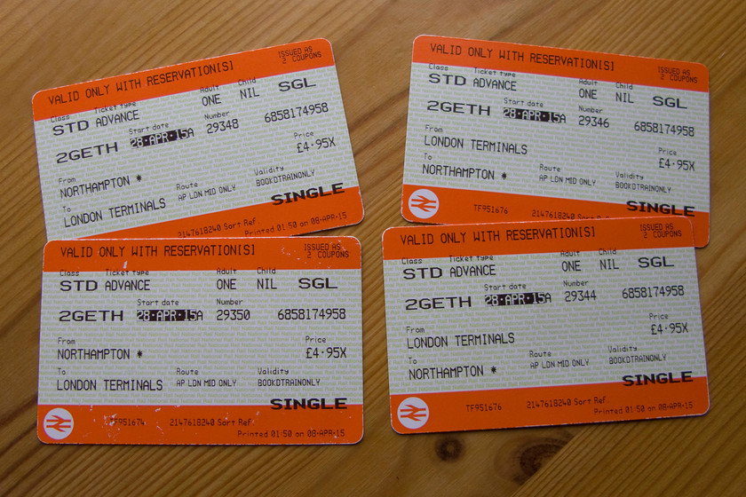 Tickets, Northampton-London Euston-Northampton 
 Our tickets for our day out in London. With our two together discount loaded the fare was a shade under 5 each way that is very good value; and, even better, everything ran to time! 
 Keywords: Tickets Northampton-London Euston-Northampton