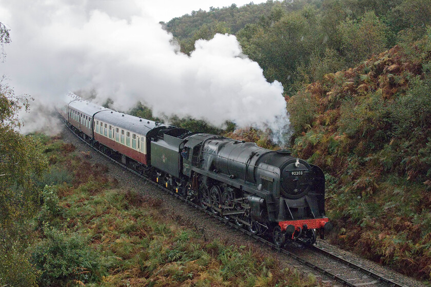 92203, 10.00 Sheringham-Holt, Kelling bank 
 With the rain coming down heavily and with me about to get an absolute soaking 92203 'Black Prince' storms up Kelling bank with the 10.00 Sheringham to Holt service. The 2-10-0 9F is a fairly long term resident of the North Norfolk Railway having arrived in 2011 and then bought by the railway in 2015 from its previous owner the well-known artists and railway enthusiast the late David Shepherd 
 Keywords: 92203 10.00 Sheringham-Holt Kelling bank Black Prince 9F