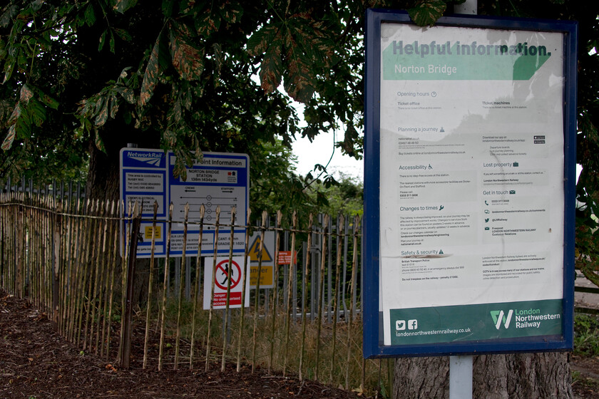 Signage, former Norton Bridge station 
 Despite being formally closed in December 2017 with no trains having called since May 2004 there is still signage in place issued by London Northwestern. This sign is situated in the former station car park with some original spiked railings still extant. 
 Keywords: Signage former Norton Bridge station