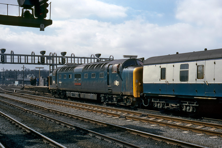 55008, 09.50 Edinburgh-Plymouth (1V93), York station 
 Forgive me for the third picture of 55008 'The Fife & Forfar Yeomanry' at York but the sun came out! With the driver leaning out of the rear cab he is waiting for it to be detached from the stock. He will then ease it forward off the train and go to the shed. 47478 was waiting just out of shot to take over the train. It was complicated and labour intensive moves like this that have all but been abolished from today's far more efficient railway, but ones that added so much interest to the enthusiast. 
 Keywords: 55008, 09.50 Edinburgh-Plymouth (1V93), York station The Fife & Forfar Yeomanry