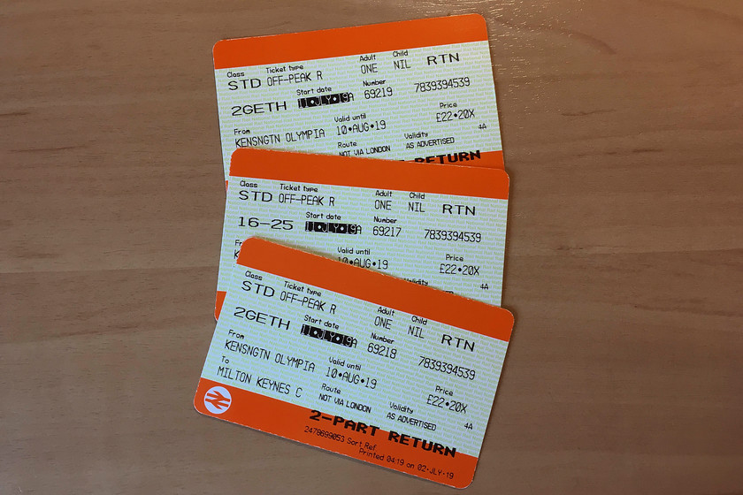 Tickets, Kensington Olympia-Milton Keynes Central 
 Our return tickets from Kensington Olympia to Milton Keynes. It makes a change to travel on a Southern service rather than the more usual London North Western class 350s that are getting a little internally tired. 
 Keywords: Tickets Kensington Olympia-Milton Keynes Central