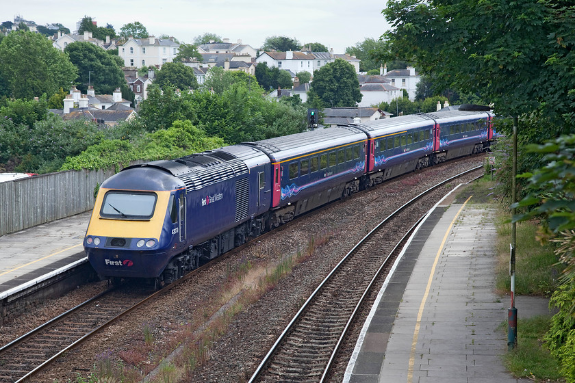 43079, GW 10.00 London Paddington-Paignton (1C09, 4L), Torre station 
 43079 brings up the rear of the 10.00 Paddington to Penzance as it leaves Torre station. The service only has one stop left before it arrives at its destination where it arrived four minutes late. 43079 emerged as part of set 254012 in 1978 at had a long life on the Eastern Region before it moved to become Western Region power car. 
 Keywords: 43079 1C09 Torre station