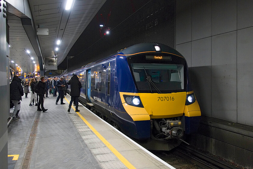 707016, SE 17.06 Sevenoaks-London Charing Cross (2F54, 2L), London Bridge station 
 Having arrived at London Bridge on a Southern service from Victoria I passed through the barrier using my overland ticket. I then tapped back in again using my contactless card thus making the final leg of the journey to Charing Cross on TfL. Southeastern's 707016 comes to a halt at London Bridge forming the 17.07 Sevenoaks to Charing Cross service. It was still peak time (17.50) when this train arrived and it was very busy being full and standing that was a surprise when considering that it was going against the perceived flow of passengers back into the city; the post-COVID effect perhaps? 
 Keywords: 707016 17.06 Sevenoaks-London Charing Cross 2F54 London Bridge station Southeastern Desiro City