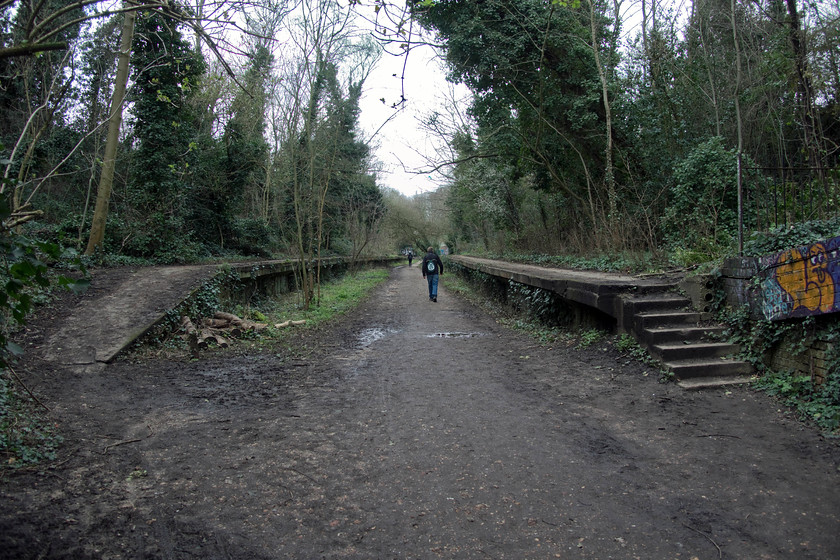 Mike, Parkland Walk, former Crouch End station 
 There were once two stations on the 2.7 miles section of track between Finsbury Park and Highgate that now makes up the Parkland Walk. Nothing remains of Stroud Green (closed 03.07.54) apart from the street-level station master's house. However, at Crouch End (also closed 03.07.54) the platforms are still extant as seen in this view. The platforms are of concrete construction replacing the originals in 1935 as part of London Underground's 'new works plan'. They were built to a compromise height in order to be able to accommodate underground and heavyweight stock for which the line from Highgate to Finsbury Park was to have been used. Mike is seen walking between the platform remains along the former trackbed towards the site of the station buildings. 
 Keywords: Mike Parkland Walk former Crouch End station