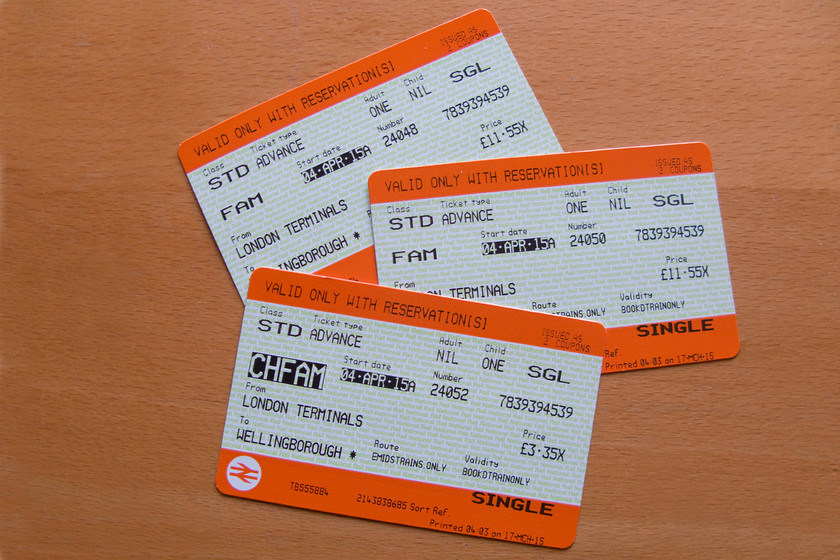 Tickets, London St. Pancras-Wellingborough 
 Our return tickets from St. Pancras to Wellingborough. At 26, they are more than we would normally pay from Euston to Northampton but due to the closure of the WCML we had limited options. 
 Keywords: Tickets London St. Pancras-Wellingborough