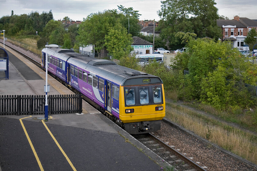 142019, NT 15.55 Saltburn-Darlington (2D19), Eaglescliffe station 
 Northern Pacer 1420019 leaves Eagelscliffe station working the 15.55 Saltburn to Darlington service. Eaglescliffe is a busy station in the leafy suburbs just southwest of Middlesborough. It is at the junction where two lines that both later join the ECML diverge the first south towards Northallerton via Yarm and the second west to Darlington via the fabled Teeside Airport station. 
 Keywords: 142019 15.55 Saltburn-Darlington 2D19 Eaglescliffe station Northern Trains