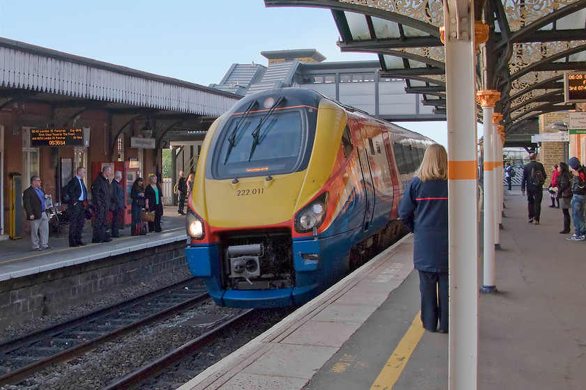 222011, EM 05.45 London St. Pancras-Sheffield (1F02), Wellingborough station 
 A busy scene at Wellingborough station sees 222011 arriving with the 05.45 St. Pancras to Sheffield. My boss and I took this train to its destination, a journey of about an hour and a half. 
 Keywords: 222011 05.45 London St. Pancras-Sheffield 1F02 Wellingborough station