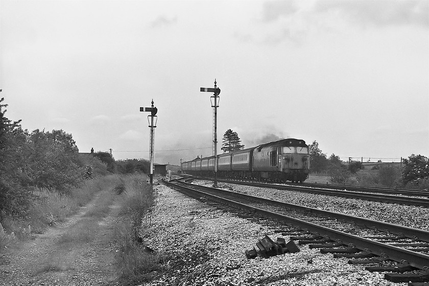 50015, 14.30 London Paddington-Paignton (1B90), Athelney 
 50015 'Valiant' leads the 1B90 14.30 Paddington to Paignton express past Athelney on the Somerset Levels a short distance west of Taunton. Just above the rear of the coaches of the train, the unmistakable shape of the 1906 built signal box roof can be seen. Just behind the box is a fine example of a black pine (pinus Nigra) that the GWR planted all over their network. There have been a variety of reasons out there, including many urban myths, as to why the GWR did this. 
 Keywords: 50015 unidentified down working Athelney 14.30 London Paddington-Paignton 1B90