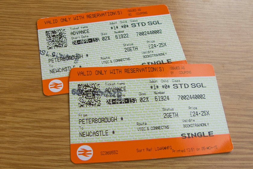 Tickets, Peterborough-Newcastle 
 Our tickets from Peterborough to Newcastle. Reasonable value at just under 25 I suppose working out to be 12.6 pence per mile. 
 Keywords: Tickets Peterborough-Newcastle