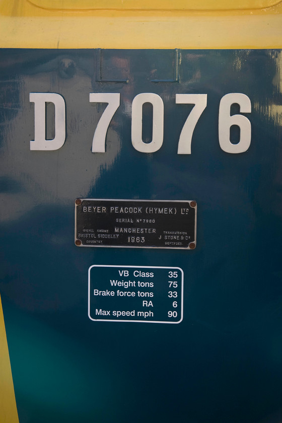 Build plate & data sticker, D7076, 14.30 Bridgnorth-Kidderminster, Bewdley station 
 In common with the best GWR and Western Region traditions, Hymeks had individual cast numbers applied to their cab sides rather than vinyl letters. Standing at Bewdley station the D7076's number is seen complete with the loco's. build plate and data panel. The build plate shows construction in 1963 but the information on the ELRDG's excellent website states that D7076 entered service in 1962. After withdrawal in 1973 the Hymek was moved to Derby's Railway Technical Centre to be used as a load bank and other such research. 
 Keywords: Build plate data sticker D7076, 14.30 Bridgnorth-Kidderminster Bewdley station Hymek DTG Diesel Traction Group