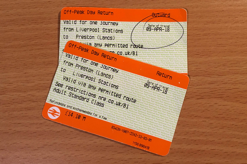 Tickets, Liverpool-Preston-Liverpool 
 The return tickets from Liverpool to Preston. Outward via Ormskirk and return (due to a train cancellation) via St. Helens.