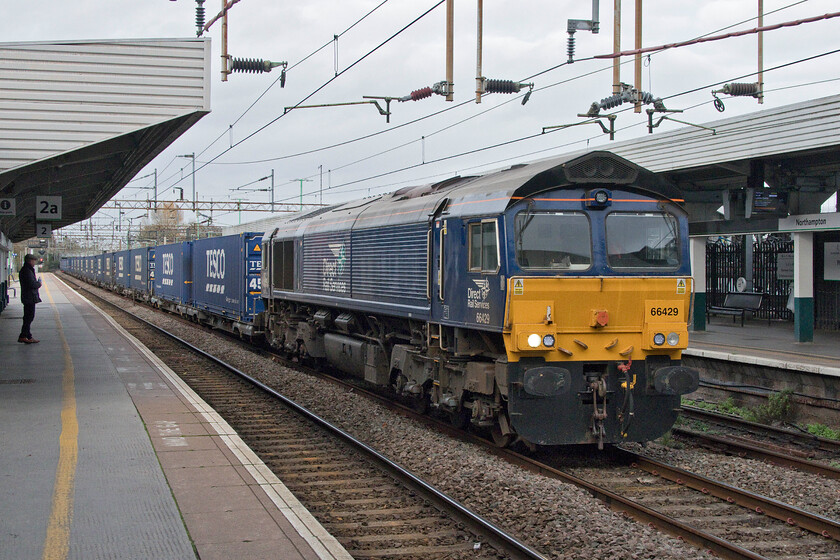 66429, 13.51 DIRFT-Tilbury (4L48, 2L), Northampton station 
 66429 passes through Northampton station leading the 4L48 Tesco Express better known as the 13.51 Daventry to Tilbury service. Today's train was well loaded with the tail of the train not even in view as seen in this photograph. 
 Keywords: 66429 13.51 DIRFT-Tilbury 4L48 Northampton station DRS Tesco Express