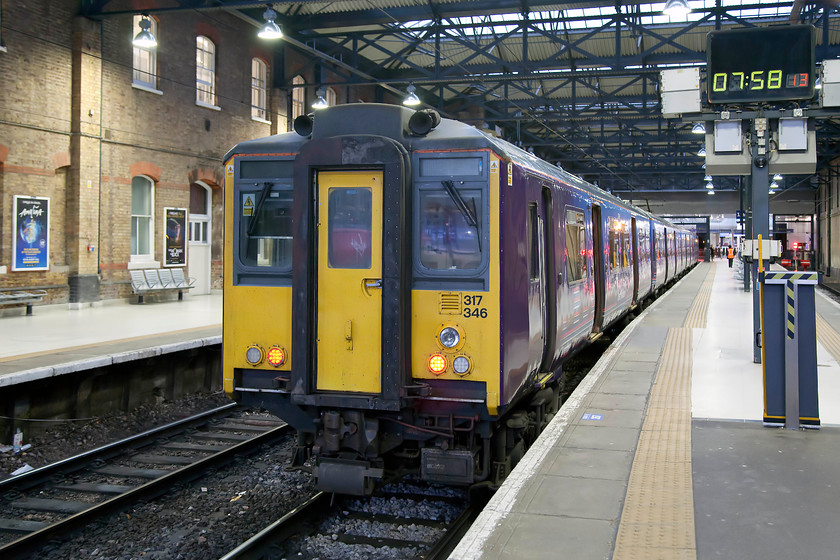 317346, GN 08.05 London King`s Cross-Cambridge (2C06), London King`s Cross station 
 317346 stands at King's Cross platform ten with the 08.05 to Cambridge. This part of the King's Cross, tucked away to the western side, is not quite so elegant and grand as the rest of the station. It handles most of the suburban trains. I took this train as far as Potters Bar and is one of the few journeys that I have made on these fated class 317s. 
 Keywords: 317346 08.05 London King`s Cross-Cambridge 2C06 London King`s Cross station