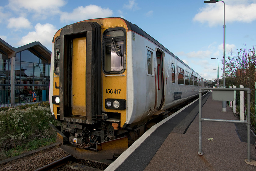 156417, GA 09.44 Sheringham-Norwich (2S09, 1L), Sheringham station 
 Our train to Norwich, the 09.44 from Sheringham, waits to leave the coastal town formed of 156417. This journey takes an hour including a reversal at Cromer. 
 Keywords: 156417 GA 09.44 Sheringham-Norwich 2S09 Sheringham station