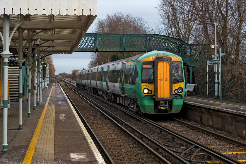 377413, SN 14.00 Hastings-Brighton (2G35, 1E), Pevensey & Westham station 
 377413 drifts into Pavensey and Westerham station with the 14.00 Hastings to Brighton service. Unfortunately, I was four years too late to capture the semaphores and signal box. The footprint of the box on the down platform behind where I am standing could be made out 
 Keywords: 377413 14.00 Hastings-Brighton 2G35 Pevensey & Westham station