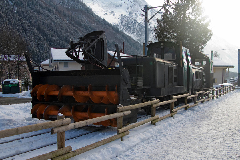 Snowblowing train, Chamonix Montenvers Mer De Glace 
 The snow clearance operation on the Mer De Glace railway, that climbs steeply from the Alpine town of Chamonix, is handled by this slow blower. This, in turn, is operated by two dedicated diesel powered locomotives seen behind. 
 Keywords: Snowblowing train Chamonix Montenvers Mer De Glace