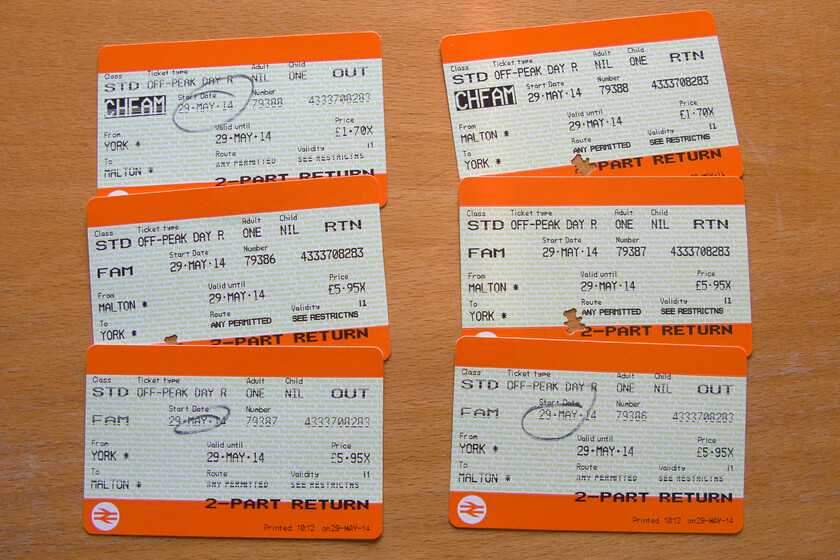 Tickets, York-Malton-York 
 Our tickets for our return journey from York to Malton. Even with our family discount 13 return for this relatively short journey was a little on the pricy side. 
 Keywords: Tickets York-Malton-York