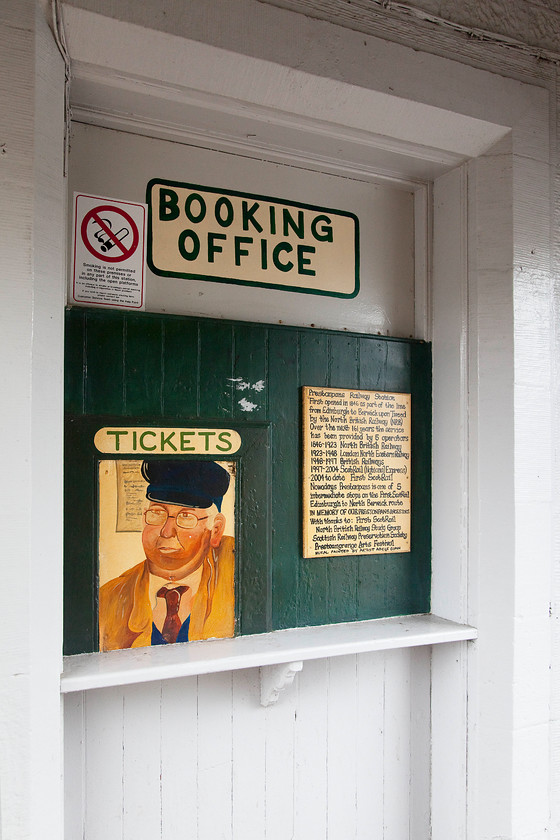 Former ticket office, Prestonpans station 
 A local artist has produced a number of small pieces of work that are on display at Prestonpans station, this is one of the cleverest examples in the old booking office. Prestonpans is remembered for the derailment of the down sleeper in May 1980. The derailment was caused by a vandal placing a piece of waste track across the lines. Luckily, nobody was killed even though twenty-seven people were injured in the nine coaches that were derailed. The ECML was closed for four days. 
 Keywords: Former ticket office Prestonpans station