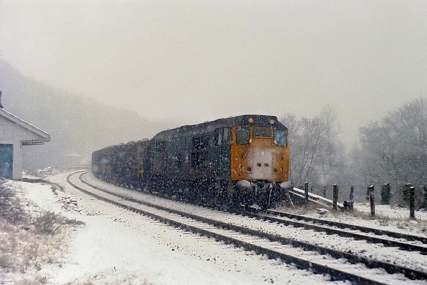 31246, Westbury Cement Works Presflo working, Limpley Stoke 
 In conditions that were now very difficult, 31246 is seen passing the site of Limpley Stoke station. It is leading a train of Presflo wagons destined for Westbury Cement Works. This working could have originated from a number of places including, Tutbury, Portishead, Toton or even Exeter Central; I never have identified the origin of this actual working. The remains of Limpley Stoke station (Closed 1966) can be seen on the left. This station's claim to fame was that it featured in the 1953 film, The Titfield Thunderbolt. Today it is a private dwelling but I suspect that it may be a little small or 'compact' as an estate agent may describe it! 
 Keywords: 31246 Westbury Cement Works Presflo working Limpley Stoke