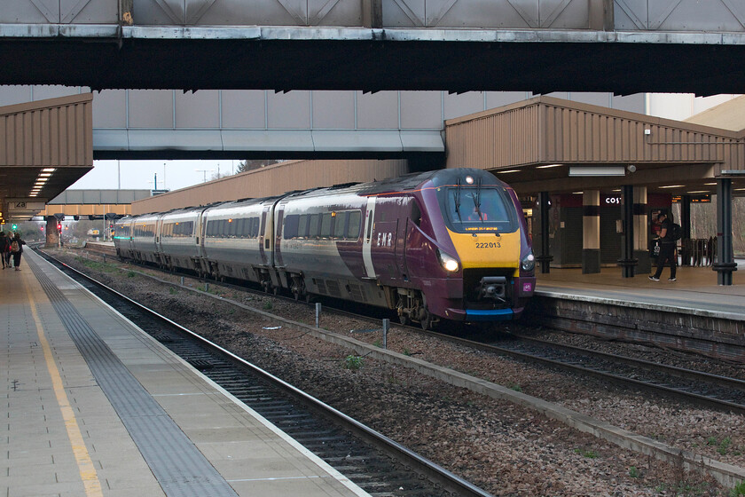 222013, EM 17.01 Sheffield-London St. Pancras (1C77, RT), Leicester station 
 EMR's 222013 arrives at Leicester working the 17.01 Sheffield to St. Pancras 'fast' service. It is designated as a fast service because on leaving Leicester the 1C77 runs non-stop to London. Whilst for customers north of Leicester this works well it has meant that those further south from places such as Wellingborough gets a poor service pattern with hardly any quick trains to London. 
 Keywords: 222013 17.01 Sheffield-London St. Pancras 1C77 Leicester station EMR East Midlands Railway Meridian