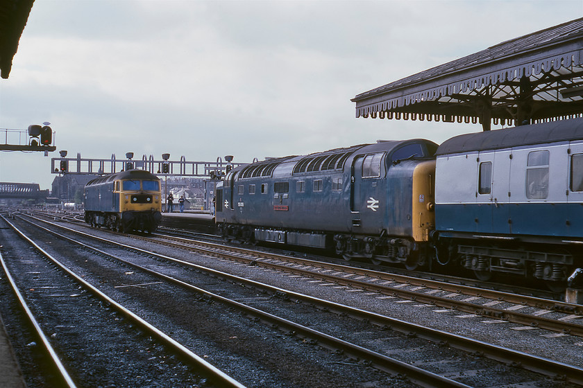 55008, 09.50 Edinburgh-Plymouth (1V93) & 47478, York Station 
 55008 'The Fife & Forfar Yeomanry' leading the 09.50 Edinburgh to Plymouth 1V93 has come to a halt at York station. Its relief locomotive is already on the centre road in the form of 47478 that would work the train through to its Devon destination once the Deltic has been hastily removed. Notice the well-loaded mail van behind the loco with sacks stacked high against the window. At this time 47478 was a West Country locomotive, as it was for most of its working life, being based at Laira. 
 Keywords: 55008 09.50 Edinburgh-Plymouth 1V93 47478 York Station The Fife & Forfar Yeomanry