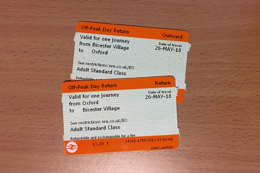 Tickets, Bicester Village-Oxford-Bicester Village 
 The return tickets from Bicester to Oxford, 6.40 for an O/P return. Whilst this is a reasonable fare it is more than the competing bus service but is quicker and undoubtedly a better quality of service.