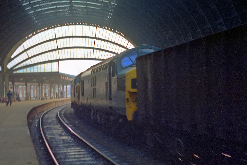 Class 37s, up scrap train, York station 
 As we were waiting for our scout special home to Wiltshire, two Class 37s came through the up middle road (now removed along with the down middle road) on what appeared to be a scrap steel train. I wish I knew what the 37s were and the working....anybody?