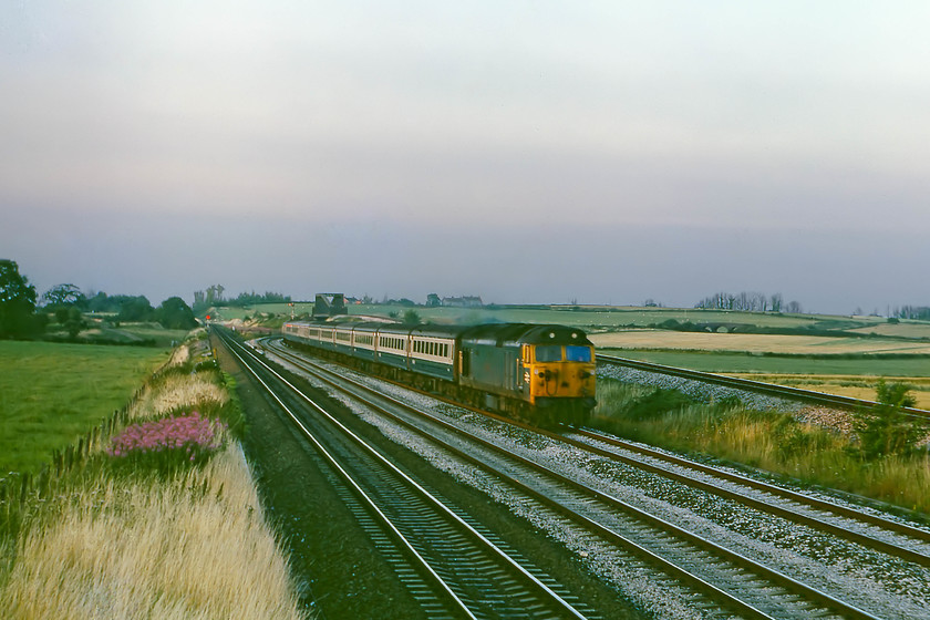 50013, unidentified down train, Cogload signal box 
 In the last vestiges of evening light, 50013 'Agincourt' swings off the direct London line via Westbury and joins the Bristol lines. It was heading an unidentified down working. It is somewhat strange that my records do not positively identify this working as it was taken from Cogload signal box and I had probably pulled the levers to give it the road myself! Notice the red colour light that marked the fringe of the Bristol Panel. This is the signal that I unintentionally caused to clear to green next morning causing quite a panic! I love the lighting in this photograph, typical of a warm summer's evening. 
 Keywords: 50013 unidentified down train Cogload signal box