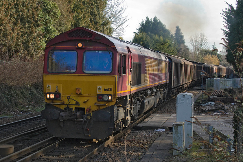 66121, 10.09 Dollands Moor-DIRFT (6M45), Otford station 
 This is a working that I see regularly near to my home of the WCML in Roade. The 6M45 10.09 Dollands Moor to Daventry bottled water train passes slowly through Otford station hauled by 66121. On this particular Sunday, the train was running extremely late, normally, it would have arrived at Daventry by this time! 
 Keywords: 66121 10.09 Dollands Moor-DIRFT 6M45 Otford station