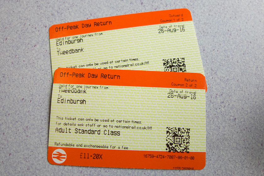 Tickets, Edinburgh Waverley-Tweedbank-Edinburgh Waverley 
 My tickets for the trip down the Borders Railway, 11.20 is not bad for a walk-on off-peak return. I recommend a trip on this line, it goes through some beautiful countryside and is an enjoyable afternoon run.