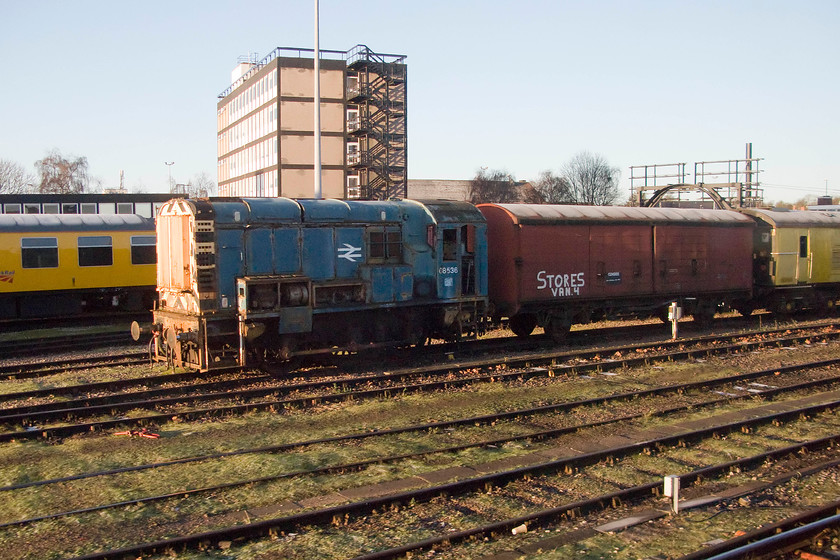 08536, stored, RVEL Derby 
 Long withdrawn 08536 looks very sorry for itself as it stands outside RVEL at Derby. It was withdrawn in 1995 and after storage at nearby Etches Park it moved here to RVEL. As for its future, who knows? 
 Keywords: 08536 RVEL Derby