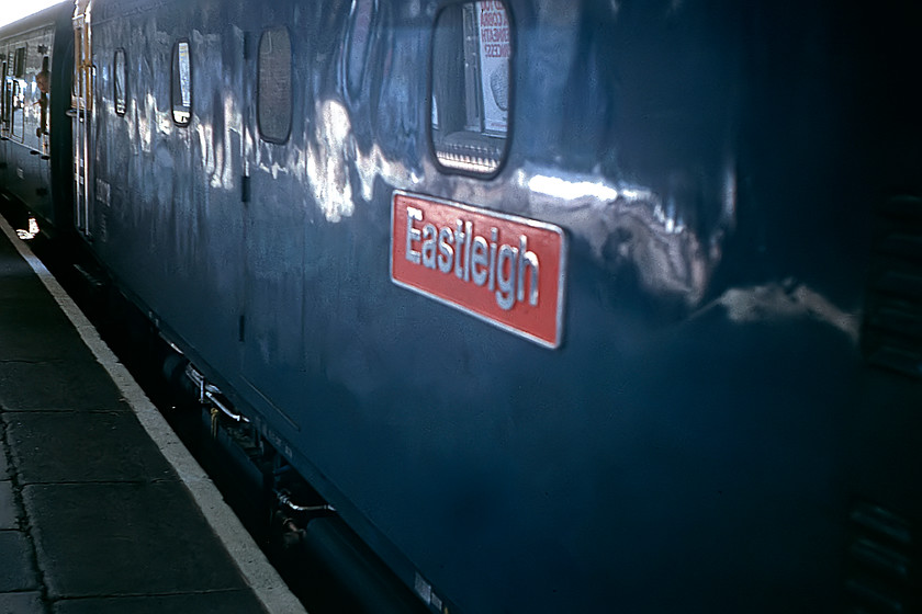 Nameplate, 33008, 06.53 Bristol Temple Meads-Portsmouth Harbour, Westbury station 
 The nameplate of 33008 'Eastleigh' is seen in the shadows at Westbury station, unfortunately, a little out of focus. The Class 33 was hauling the 06.53 Bristol Temple Meads to Portsmouth Harbour service composed of a set of roomy and comfortable Mk. I stock. 
 Keywords: Nameplate 33008 06.53 Bristol Temple Meads-Portsmouth Harbour Westbury station Eastleigh