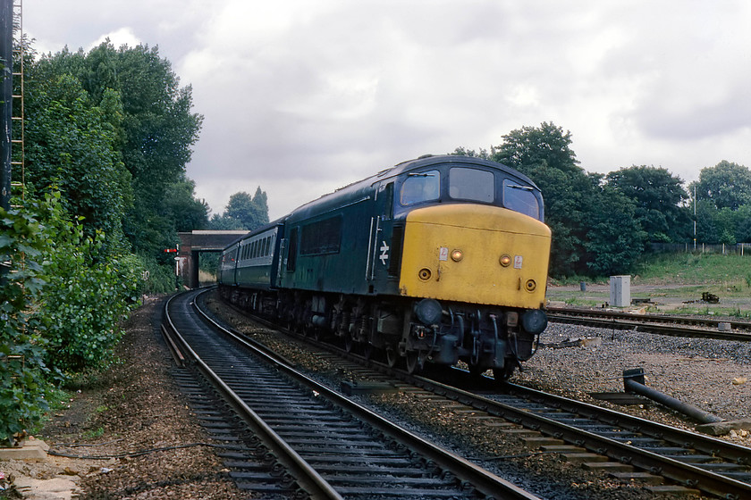 45131, 09.40 Sheffield-London St. Pancras, St 
 45131 strikes a pose as it takes the camber of the track in its stride arriving at St. Albans station leading the 09.40 Sheffield to St. Pancras service. The electric heat Peaks (451XX) soldiered on for a number of years working hard on the MML even after the HSTs had been introduced in 1982. 43131 was withdrawn in September 1986 ending its days at Vic Berry's yard during August 1988. 
 Keywords: 45131 09.40 Sheffield-London St. Pancras St. Albans station