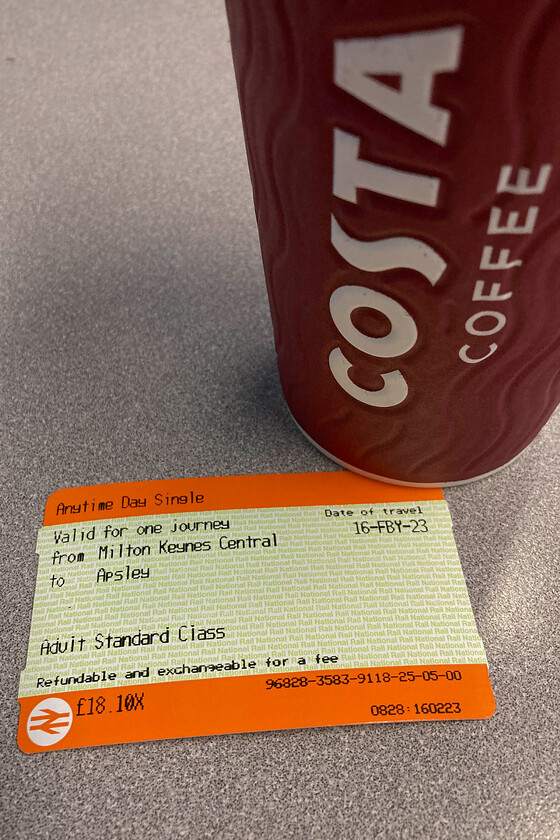 Ticket, Milton Keynes Central-Apsley 
 My peak-time walk-on ticket from Milton Keynes to Apsley is shown along with my equally expensive coffee! At 67p per mile, the journey was a proportionally pricy affair, revealing how expensive rail travel can be if not planned ahead. The irony is, of course, that the concept of off-peak and peak travelling times has been considerably eroded since the pandemic as commuter train travel has become far less and looks like not returning to as it was pre-COVID 
 Keywords: Ticket, Milton Keynes Central-Apsley