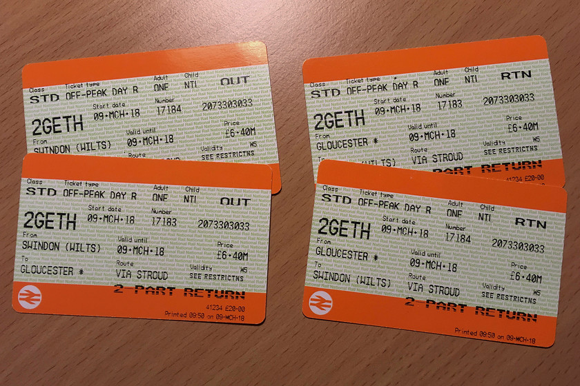 Tickets, Swindon-Gloucester-Swindon 
 The return tickets for the Swindon-Gloucester-Swindon part of our day.