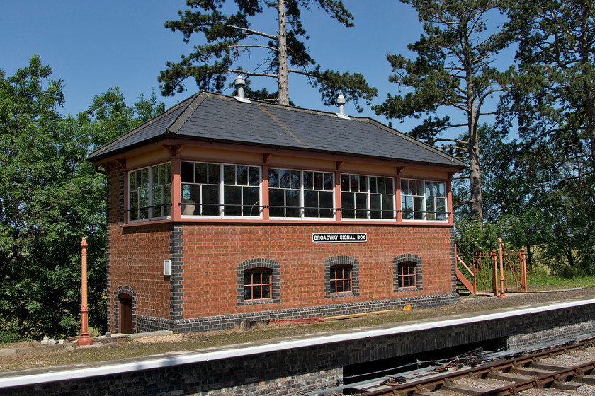 Broadway signal box (GWSR, 2016) 
 The Gloucestershire and Warwickshire Railway has done a superb job of building the signal box on the down platform especially as it was built from scratch and not re-built from another location. It was based on nearby Shirley signal box but is built from new metric, rather than the traditional imperial bricks but it is difficult to tell! One thing some have complained about is that the windows are UPVC rather than timber. However, the traditional three panes over two arrangement has been maintained and, if I'm honest, it is impossible to tell, so good are the units! Unseen, the frame is from the closed Aller Junction signal box in Devon, a box I photographed many times in the 1970s and 1980s, for example.... https://www.ontheupfast.com/p/21936chg/29422481404/x34-aller-junction-signal-box-gw The signal box is a great example of the efforts by the GWSR to recreate a superb traditional GWR station at Broadway, despite it not being quite finished, the station is simply stunning and well worth a visit in its own right! 
 Keywords: Broadway signal box