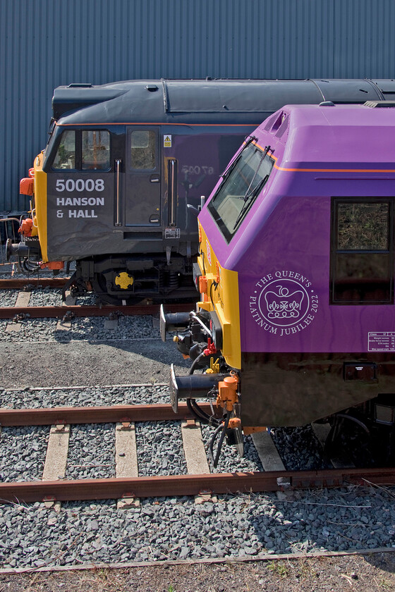 50008 & 67007, on display, Barrow Hill 
 50008 'Thunderer' is owned by Hanson & Hall Rail Solutions and returned to mainline in June 2021 finding some spot hire work. They have repainted it into their house grey livery with it seen here at Barrow Hill carrying rather oversized cab side numbers. It basks in the late summer sunshine next to non-standard liveried 67007 that was painted into this rather garish colour as part of the 2022 platinum jubilee arrangements. 
 Keywords: 50008 67007 on display Barrow Hill Thunderer